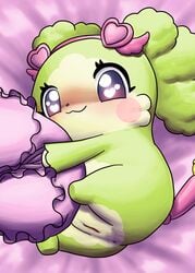 accessory alternate_version_at_source anthro anus bed_sheet bedding blush cocotama eyelashes female fur furry furry_only green_fur green_hair hair headband hirake!_cocotama looking_at_viewer lying main_(cocotama) mammal mostly_nude multicolored_fur pillow purple_eyes pussy solo tan_fur two_tone_fur 九尾