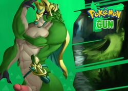 1boy 2019 abs alternate_color anthro armor blue_eyes canine detailed_background erection forest fur grass green_fur gun hamili headgear helmet humanoid_penis lake legendary_pokémon logo male male_only mammal meme muscular muscular_male nintendo nude original_character pecs penis pokemon pokemon_ss ranged_weapon solo standing text tree video_games weapon what white_fur