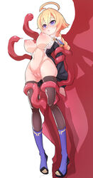 blazblue blonde_hair blue_eyes boots braid breasts censored es_(xblaze) infraton large_breasts open_clothes open_shirt pussy rape restrained shirt suspended tagme tentacle tentacle_rape tied_hair xblaze