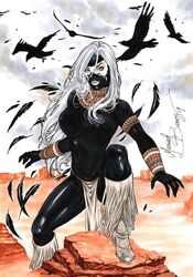 1girls bare_breasts big_breasts birds black_nipples black_skin boots breasts busty cowboy_boots crow crows curvaceous curvy desert east_of_west ed_benes_studio facepaint female female_only highleg_loincloth image_comics large_breasts loincloth long_hair mariah_benes native native_american nipples no_bra pinup solo spirit topless voluptuous west_crow_(character) white_boots white_hair white_lips white_lipstick white_loincloth wild_west