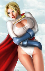 1girls big_breasts blonde_hair blue_eyes blue_gloves breasts busty cape cleavage cleavage_cutout curvaceous curvy dc dc_comics eyeshadow female female_only flying full_cleavage gloves huge_breasts jsa justice_society justice_society_of_america karen_starr kryptonian large_breasts leotard makeup mascara pinup power_girl raffaele_marinetti red_cape red_lips red_lipstick short_hair solo superheroine thighs tight_clothing voluptuous white_leotard