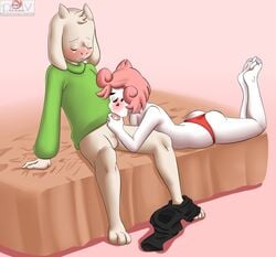 2019 asriel_dreemurr bed blush feet fellatio filler_shmazman hi_res holding_penis oral penile penis penis_grab red_(filler_shmazman) red_(undertale_red) sex undertale video_games