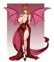 krass dragon_girl dragon_horns huge_breasts long_hair dress horns tail wings dragon_tail dragon_wings cleavage brown_hair breasts solo high_heels green_eyes full_body original