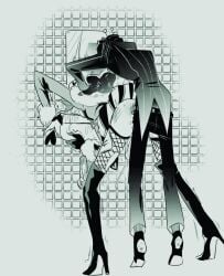 2boys 4_arms anal anal_sex anthro bathroom black_and_white clothed clothed_sex clothing demon fishnets gay hazbin_hotel hellaverse high_heels male male_only suffocation valentino_(hazbin_hotel) vox_(hazbin_hotel) waterboarding