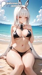 1girls 2026 ai_assisted ai_generated anime artist_name beach bikini black_bikini blanc blanc_(nikke) blue_sky breasts bust cloud explicit goddess_of_victory:_nikke hi_res high_quality high_resolution highres long_hair mole navel outdoors patreon patreon_username sand shore side-tie_bikini sky skypassion solo stable_diffusion swimsuit very_long_hair water watermark waves yellow_eyes