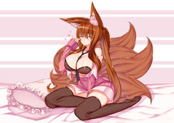 1girls bare_shoulders between_breasts black_bra black_thighhighs blush bra brown_hair esg_(essagna) female fox_ears fox_tail green_eyes kneeling large_breasts looking_at_viewer multi_tail multiple_tails necktie necktie_between_breasts one_eye_closed open_clothes original plushmallow skindentation solo tail thighhighs very_long_hair