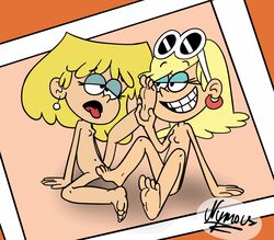 2girls animated artist_signature barefoot blonde_hair blue_eyeshadow breasts closed_eyes comic earrings eyelashes eyeshadow feet female_footjob foot_fetish foot_lick foot_worship footjob legs leni_loud licking_feet licking_foot lori_loud naked nickelodeon nymous orgasm sitting soles sunglasses sunglasses_on_head tagme teasing the_loud_house tickling toes tongue_out vagina wiggling_toes yuri