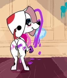 101_dalmatian_street 101_dalmatians 2019 animal_genitalia animal_pussy anus arrow ass bandana bedroom_eyes bite biting_lip blush bodily_fluids bodypaint canid canine canine_pussy canis da_vinci_(101_dalmatians) dalmatian disney domestic_dog female feral footprint genital_fluids half-closed_eyes looking_at_viewer looking_back mammal paint pawprint presenting presenting_hindquarters pussy pussy_juice raised_tail seductive self_bite solo spots whitewolf20xx