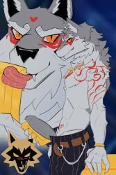 absurd_res anthro bodily_fluids bottomwear canid canine canis clothed clothing cum deader epic_games erection fletcher_kane fortnite genital_fluids genitals gold_bar hi_res licking male mammal open_bottomwear open_clothing open_pants pants penis solo tongue wolf