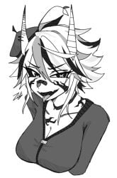 2025 artist_upload bandaid beret big_breasts bigoldstinker body_markings breasts choker cleavage clothing demon demon_girl face_markings female high_quality highres ibispaint_(artwork) ibispaintx looking_at_viewer oc original original_artwork original_character piercings self_upload sfw short_hair skin_fangs smile smirk sweater tongue tongue_out tongue_sticking_out