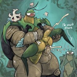 1:1 anal anal_sex balls blush bodily_fluids closed_eyes cum cum_in_ass cum_inside digital_drawing_(artwork) digital_media_(artwork) ejaculation erection galrock genital_fluids genitals green_body green_prince_(hollow_knight:_silksong) hands-free hi_res hollow_knight hollow_knight:_silksong hollow_knight_(franchise) humanoid_genitalia humanoid_penis male male/male non-human non-human_only penetration penis sex standing team_cherry toony