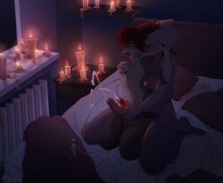 absurd_res anthro bat bat_wings bed bedding bedding_background bent_legs bite black_eyes black_hair bodily_fluids candle cheek_tuft chest_tuft cum cum_on_bed dan_(femboy_dan) dark_theme detailed_background duo ejaculation erection eyebrow_piercing facial_piercing facial_tuft femboy feminine from_behind_position frottage fur furniture gasp genital_fluids genitals gold_piercing grey_body grey_fur grey_penis hair hi_res hug hugging_another hugging_from_behind lagomorph leporid lights male male/male mammal membrane_(anatomy) membranous_wings multicolored_body multicolored_fur multicolored_hair neck_bite nipple_fetish nipple_piercing nipple_pinch nipple_play nipples on_bed orange_eyes penile penis penises_touching piercing pinch qr_code rabbit red_body red_fur red_hair red_penis sex shaded sonyan tongue tongue_out tuft wings