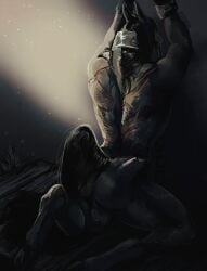 2020 anthro arms_tied athletic athletic_anthro athletic_male balls black_body black_fur black_hair blood bodily_fluids bound chained chains equid equine fur genitals gore hair hooves horse i-psilone kneeling male male_anthro mammal mane nude nude_anthro nude_male rafael_(shadeba) solo tail whip_mark