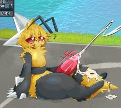 antennae_(anatomy) anthro arthropod bee beedrill beedrill’s_string_shot big_penis ejaculation gameplay_mechanics gaogomon generation_1_pokemon genitals hi_res huge_cock hybrid hymenopteran insects male nintendo penis pokemon pokemon_(species) sitting solo stinger tapering_penis