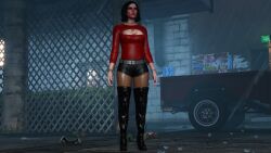 3d absurd_res absurdres alternate_outfit belt belt_buckle beltshorts black_booty_shorts black_fingernails black_hair black_thigh_boots blue_eyes booty_shorts bracelets cleavage cleavage_cutout daz_studio dionys_ramirez emotionless emotionless_female expressionless femsub fishets fishnet_pantyhose game_mod grand_theft_auto grand_theft_auto_v highres huge_breasts indifferent molly_schultz raining red_lipstick short_hair shorts skimpy_clothes standing standing_at_attention thick_thighs thighhigh_boots truck truck_(vehicle) unbothered wet_clothes wide_hips