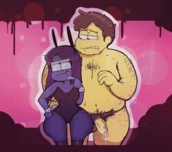 1boy 1girls 2d age_difference background big_city_greens bill_green black_eyes blue_body blue_hair body_hair brown_hair bunnysuit chubby chubby_male cowboy_shot digital_drawing digital_media disney_channel dominant_female fat fat_male female fishnets glasses humanoid male male/female male_and_female_focus naked_male nude_male nude_male_clothed_female ocxcanon overweight overweight_male pink_background precum pubic_hair self_insert self_upload size_difference straight submissive_male sweat sweatdrop trashkapo yellow_body yumeship
