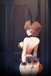 1girls angry artist_self-insert ass backless_outfit big_breasts brellom brellom_(character) brells\r\nbrellomascot bunny_ears bunnysuit dat_ass detached_collar halloween_costume miniskirt panties self_insert uncomfortable upskirt