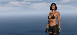 3d 3d_(artwork) absurd_res absurdres black_bikini_top black_hair black_jeans blue_eyes chain_necklace character_request edited_screencap emotionless_female expressionless female_focus female_only femsub gold_necklace grand_theft_auto grand_theft_auto_online gta_online_female_character highres indifferent leather_gloves navel ocean_background partially_clothed_female pink_lipstick rockstar_editor rockstar_games short_hair solya source_request tattoos text tight_jeans tomboyish wide_hips wristwatch