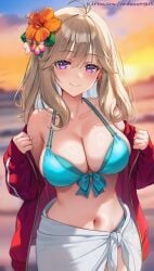 ahoge ai_assisted antenna_hair aqua_bikini bangs bare_shoulders bikini blurry blurry_background blush breasts brown_hair classroom_of_the_elite cleavage closed_mouth collarbone cowboy_shot female flower front-tie_bikini_top front-tie_top hair_between_eyes hair_flower hair_ornament hibiscus jacket large_breasts long_hair long_sleeves looking_at_viewer navel off_shoulder open_clothes open_jacket outdoors purple_eyes red_jacket sky smile solo stomach sunset swimsuit tsubaki_sakurako voidbunny youkoso_jitsuryoku_shijou_shugi_no_kyoushitsu_e