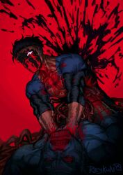 2boys absurdres artist_name black_hair blood blood_on_clothes blood_on_face blue_skin bodysuit clenched_teeth colored_skin commentary conquest_(invincible) disembowelment english_commentary guro highres intestines invincible_(character) invincible_(series) male_focus mark_grayson multiple_boys muscular muscular_male not_porn red_background red_eyes reykun short_hair spoilers strangling teeth