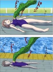1girls absorption absorption_vore belly_button big_breasts breast_sucking breasts cell_(dragon_ball) daiqiming desiccated desiccated_female desiccation empty_eyes fair_skin female_prey greying_skin japanese_text light_brown_hair male/female male_pred navel navy_blue_swimsuit nipple_penetration one-piece_swimsuit pool poolside shriveled shriveling snuff sucking swimming_pool teenage_female teenage_girl teenage_prey text translation_request unwilling_prey vore wangtianhai2000