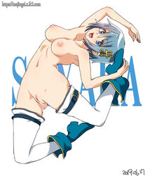 :d armpits arms_up blue_eyes blue_footwear blue_hair boots breasts character_name commentary_request dated eyebrows_visible_through_hair female flexible full_body ginko_(silver_fox) hair_ornament hairclip high_heel_boots high_heels looking_at_viewer mahou_shoujo_madoka_magica medium_breasts miki_sayaka naked_footwear naked_stockings naked_thighhighs navel nipples nude open_mouth pussy pussy_juice shoes short_hair simple_background smile solo stockings thigh_strap thighhighs uncensored watermark web_address white_background white_legwear