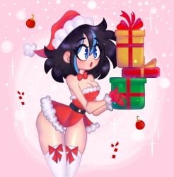 1girls belly_button black_hair blue_hair blush_lines boobs_out breasts cap christmas cum cum_in_mouth curvy_figure excited_female gloves holidays instagram latina merry_christmas mexican nipples nude orgasm orgasm_face short_hair simple_background socks tomboy topknot username