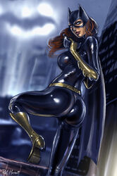 1girls ass barbara_gordon bat-signal batarang batgirl batman_(series) belt big_breasts birds_of_prey black_bodysuit black_cape blue_eyes bodysuit breasts cape city cityscape cowl dat_ass dc dc_comics eyeshadow female female_only from_behind from_below gold_heels heels high_heels holding_weapon human long_hair makeup mascara mask pinup raffaele_marinetti red_hair red_lips red_lipstick skintight smile smiling solo standing superheroine thick_ass thighs utility_belt weapon yellow_belt yellow_heels yellow_high_heels