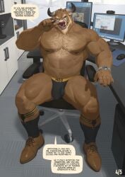 2025 5_fingers abs alternate_version_at_source anthro beard biceps black_nails blonde_hair body_hair bovid bovine brown_body brown_nipples cattle chair chest_hair clock clothing colored_nails computer dialogue digital_media_(artwork) dress_shoes electronics english_text eyewear facial_hair facial_piercing fingers footwear furniture garter_belt garter_belt_socks garter_straps genitals glasses hair hi_res horn inside jockstrap male mammal mostly_nude mostly_nude_male muscular muscular_anthro muscular_male muscular_thighs nails nesskain nipples nose_piercing nose_ring office office_chair open_mouth penis piercing ring_piercing round_glasses shoes sitting socks solo speech_bubble spread_legs spreading talking_to_viewer text underwear watch