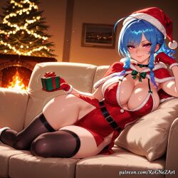 2025 ahoge ai_generated anime azur_lane bangs bare_hips bell belt black_belt black_thighhighs blue_hair blush box breasts capelet choker christmas christmas_tree cleavage closed_mouth commando couch covered_nipples crossover dress earrings eye_contact female female_focus female_only fire fireplace flushed fur-trimmed_headwear fur_trim gift gift_box gloves green_bow handwear hat highres holding holding_gift huge_breasts indoors inside jewelry large_breasts long_hair looking_at_viewer lying neutral_expression no_panties nsfw on_couch on_side patreon pillow pink_eyes purple_eyes red_capelet red_footwear red_gloves red_headwear rognezart santa_costume santa_hat sidelocks smile smiling solo st._louis_(azur_lane) st._louis_(luxurious_wheels)_(azur_lane) thick_thighs thighhighs thighs very_long_hair