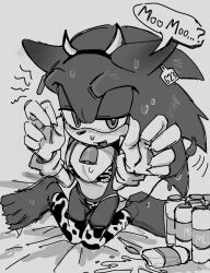1boy anthro anthropomorphic claws cow_ears cow_horns cow_print cow_print_bikini cowbell cowkini eyes_half_open feet_out gloved_hands gloves greyscale looking_at_viewer male male_boobs male_focus male_only milk mobian_(species) moo_bitch name_tag paws quills sketch small_breasts solo_male sonic_(series) sonic_the_hedgehog sonic_the_hedgehog_(series) spilled_drink spilled_liquid spilled_milk submissive_male sweat tag unknown_artist