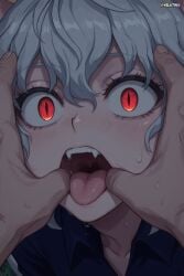 neferpitou hunter_x_hunter tongue red_eyes open_mouth looking_at_viewer fangs tongue_out hair_between_eyes shirt pov teeth finger_in_another's_mouth 1other collared_shirt uvula blue_shirt pov_hands short_hair close-up bangs slit_pupils mouth_pull grey_hair eyelashes wing_collar white_hair wide-eyed collarbone black_shirt blush sweatdrop curly_hair wavy_hair portrait out_of_frame upper_body sharp_teeth upper_teeth animal_ears solo_focus sweat cat_ears saliva watermark saliva_trail saliva_string saliva_drip saliva_on_face saliva_on_tongue cat_boy ai_generated mature paid_reward_available shiny_skin skindentation sweating velutinx visible_breath wet_skin heavy_breathing sweaty sweaty_body breath shiny_hair mature_male androgynous femboy femboy_focus femboysub feminine_body feminine_faced_male feminine_male feminization male_focus male_only otoko_no_ko tiny_penis trap 1femboy teeth_showing