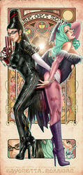 2girls ass_to_ass back_to_back bayonetta bayonetta_(character) big_breasts black_bodysuit black_dress black_hair black_heels black_high_heels blue_eyes bodysuit bracelet bracelets breasts busty capcom cedric_poulat cleavage clothing crossover curvaceous curvy darkstalkers dress earrings eyeshadow female female_only glasses green_hair gun hair_up head_wings heels high_heels holding_gun holding_weapon large_breasts leaning_forward long_fingernails long_hair makeup mascara mole mole_under_mouth morrigan_aensland nail_polish nintendo pants pink_lips pink_lipstick pink_nail_polish pink_nails pink_pants pink_stockings pinup purple_heels purple_high_heels small_breasts standing stockings succubus voluptuous weapon wings x-estacado