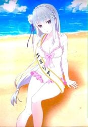 beach emilia_(re:zero) half_elf purple_eyes re:zero_kara_hajimeru_isekai_seikatsu silver_hair swimsuit