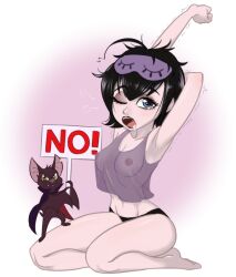 1girls arm_above_head barefoot bat bat_wings black_hair black_panties blindfold blue_eyes breasts centinel303 dracula_(hotel_transylvania) drooling duo eyemask feral goth hotel_transylvania kneeling mask mavis_dracula membrane_(anatomy) membranous_wings messy_hair midriff navel nightgown nipples one_eye_closed open_mouth panties raised_arm saliva sign sleep_mask solo_focus stretching translucent translucent_clothing vampire vampire_girl winged_arms wings wink yawn