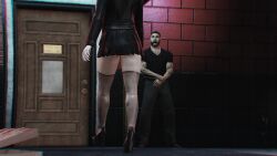 1boy 1girls 3d absurd_res absurdres alternate_universe ass beautiful_girl belt black_high_heels black_miniskirt black_skirt conversation dionys_ramirez edited_screencap game_mod grand_theft_auto grand_theft_auto_v high_heels highres massive_ass mature_female miniskirt molly_schultz nylons pizza_box pleated_skirt rockstar_editor rockstar_games short_skirt skirt stockings strip_club strutting thighhighs vanilla_unicorn walking