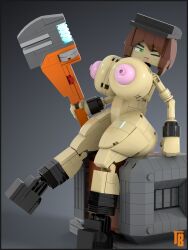 3:4 3_fingers 3d_(artwork) big_breasts black_border black_eyes border breasts brown_hair digital_media_(artwork) female fingers futuristic genitals giant_breasts hair hi_res huge_breasts human industrial machine mammal model_kit nude nude_female sitting solo thiccbrick tongue_out winking_at_viewer wrench