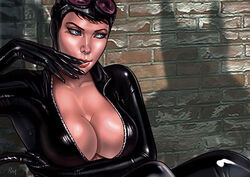 1girls batman_(series) big_breasts black_bodysuit black_gloves blue_eyes bodysuit breasts brick brick_wall busty catwoman claws cleavage cowl curvaceous curvy dc dc_comics eyeshadow female female_only gloves goggles holding_riding_crop human large_breasts makeup mascara pinup raffaele_marinetti red_goggles red_lips red_lipstick riding_crop selina_kyle shadow solo straight_hair supervillain unzipped unzipped_bodysuit voluptuous