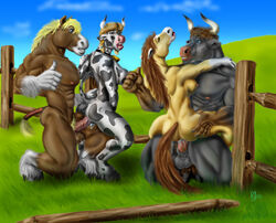 anthro balls black_fur blonde_hair blue_eyes bovid bovine braided_hair brown_eyes brown_fur brown_hair cattle closed_eyes cloud cowbell digitigrade ear_piercing equid equine erection female fence fetlocks from_behind_position fur gesture gloves_(marking) grass group hair hooves horn horse interspecies kneeling male mammal markings mastery_position muscular muscular_male nipples nude on_one_knee outside penetration penis piercing pubes sex sky spots standing straddling straight sudonym tail_tuft tail_wraps tan_fur thumbs_up tuft white_fur wraps