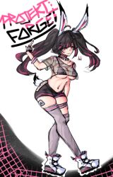 2023 artist_upload bandages bandaids big_breasts bigoldstinker bikini breasts choker cleavage fishnet gloves hairclip hairclips high_quality highres ibispaint_(artwork) ibispaintx long_hair looking_at_viewer nipple_outline oc original original_artwork original_character piercings rabbit_girl see_through_shirt self_upload sfw shorts smiling_at_viewer sneakers thick_thighs thighhighs thighs twintails
