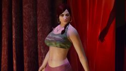 3d absurd_res absurdres bare_shoulders brown_hair character_request collarbone dionys_ramirez earrings emotionless emotionless_female expressionless grand_theft_auto grand_theft_auto_v highres leggings long_hair navel necklace pink_leggins rockstar_games standing tomboyish tubetop vanilla_unicorn