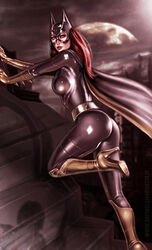 1girls ass barbara_gordon batgirl batman_(series) belt big_ass big_breasts big_breasts birds_of_prey black_bodysuit black_cape bodysuit boots breasts building busty cape city cityscape cowl curvaceous curvy dat_ass dc dc_comics female female_only gloves gotham heels high_heels human knee_up large_breasts long_hair mask moon pinup raffaele_marinetti red_hair red_hair rooftop skintight skintight_bodysuit skyscraper solo superheroine thick_ass voluptuous yellow_belt yellow_boots yellow_gloves yellow_heels yellow_high_heels