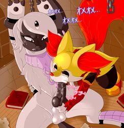 2boys absol absurd_res animal_genitalia animal_penis anthro anthro_on_feral bluebean bodily_fluids bondage bound braixen canine_penis corruption fellatio feral forced forced_oral forced_yaoi gay handjob hi_res japanese_text knot male male_only nintendo oral original_character penis pokémon_(species) pokemon pokemon_(species) pokemon_rse pokemon_xy rape restrained reverse_forced_oral saliva sweat text video_games yaoi