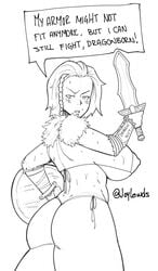 1girls alternate_breast_size ass back big_ass big_breasts bikini huge_breasts joylewds lydia milf monochrome shield sketch skyrim sword the_elder_scrolls thick_thighs underboob warrior weapon wet