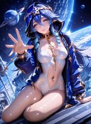 1girls 2025 ai_generated anatomically_correct blue_fingernails blue_hair bodysuit calm curvy curvy_body curvy_female curvy_figure dutch_angle elf_ears erect_nipples erect_nipples_under_clothes eyelashes fit fit_female front_view futuristic genshin_impact happy headwear high_quality high_resolution highres hood_up hoodie hoyoverse jewelry layla_(genshin_impact) medium_breasts mihoyo navel navel_piercing necklace open_hoodie planet reaching reaching_out slim_waist solo solo_female space space_station sparkling_eyes stable_diffusion stomach sumeru_girls thick_thighs thighs twintails two-tone_hair yamatohentaiai yokozuwari