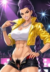 ai_generated armpit_fetish armpit_hair armpits athletic athletic_female audience concert crowd deergirlfit excessive_pubic_hair female_pubic_hair hairy hairy_anus hairy_armpits hairy_pussy kpop_demon_hunters muscular muscular_arms muscular_female muscular_thighs on_stage pubic_hair pubic_hair_peek public public_nudity rumi_(kpop_demon_hunters) stage stage_curtains stage_lights stage_show toned toned_body toned_female unbuttoned unbuttoned_pants