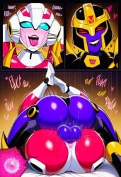ai_generated arcee arcee_(rotb) autobot blackarachnia_(tfa) decepticon euphoric evil_smile futa_on_female huge_ass mating_press novelai on_back ovulation predacon rolling_eyes tongue_out transformers_animated transformers_rise_of_the_beasts