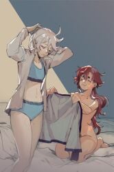 2girls :3 after_sex ahoge bed bed_sheet bedroom bite_mark blue_bra blue_panties bra breasts canon_couple closed_eyes clothed_female_nude_female color convenient_censoring curly_hair dressing gundam gundam_suisei_no_majo kiss_mark kneeling lighting long_hair married_couple miorine_rembran open_clothes panties partially_clothed red_hair romantic romantic_couple scar scars_all_over scratches smile standing suletta_mercury tied_hair tying_hair underboob unekoheyhey white_hair wholesome wife_and_wife yuri