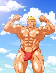 1boy bara blonde_hair blue_eyes bulge gay kekko_kamen light_skin male male_only muscular nipples red_speedo s_h_o_(pixiv432054) shuwarutsu_negataro sky_background solo speedo yaoi