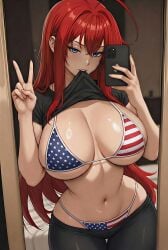 1girls ai_generated american_flag_bikini bedroom big_breasts biting biting_shirt blue_eyes breasts female female_only high_school_dxd holding_phone huge_breasts lifting_shirt light-skinned_female long_hair mirror mirror_selfie narrow_waist peace_sign phone pulled_down_pants red_hair rias_gremory selfie shirt_lift showing showing_off showing_off_breasts solo tagme wide_hips